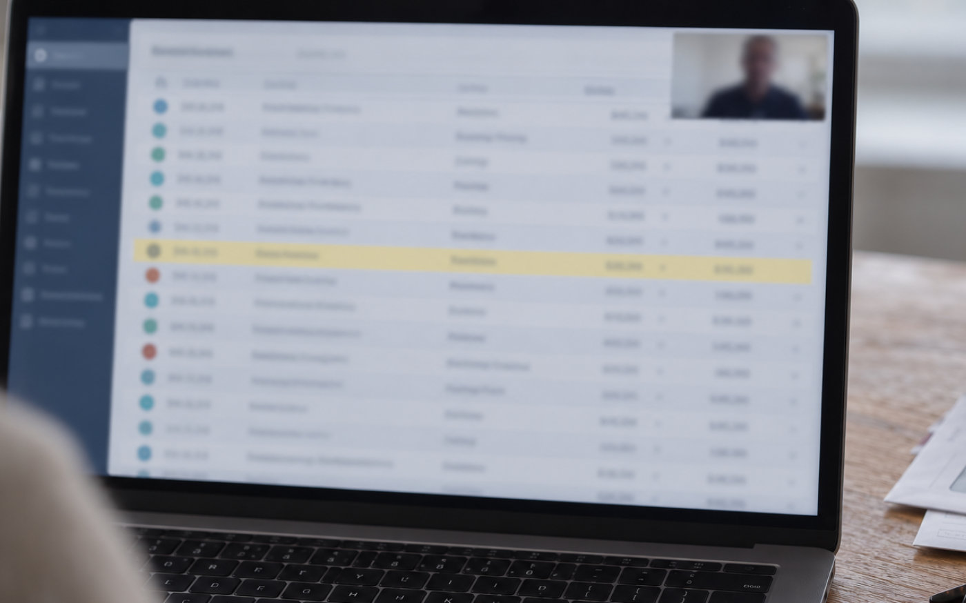 A laptop on a kitchen table showing a blurred list of transactions with one row highlighted