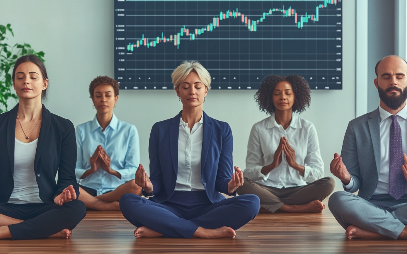 Co-workers meditating; a stock market chart behind them