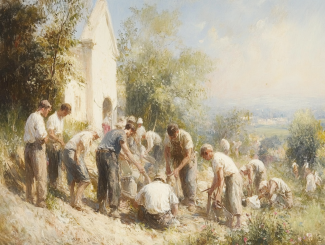 A group of laborers deeply engaged in building a church