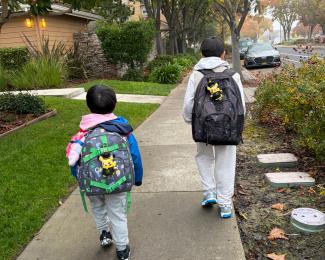 Two youngsters walking away from the camera