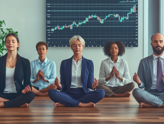 Co-workers meditating; a stock market chart behind them