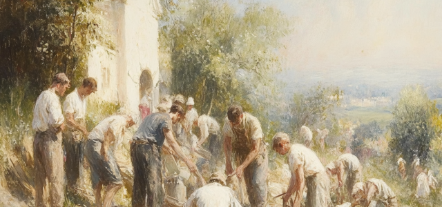A group of laborers deeply engaged in building a church