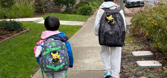Two youngsters walking away from the camera