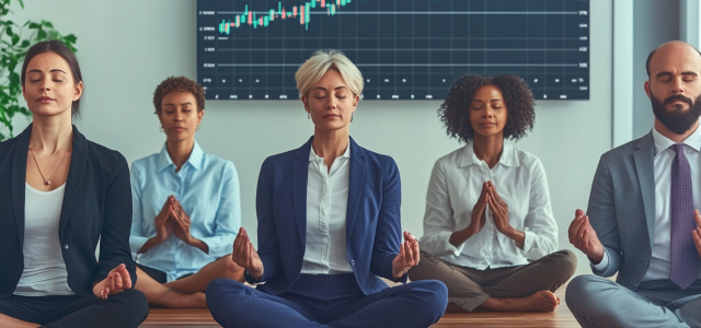 Co-workers meditating; a stock market chart behind them